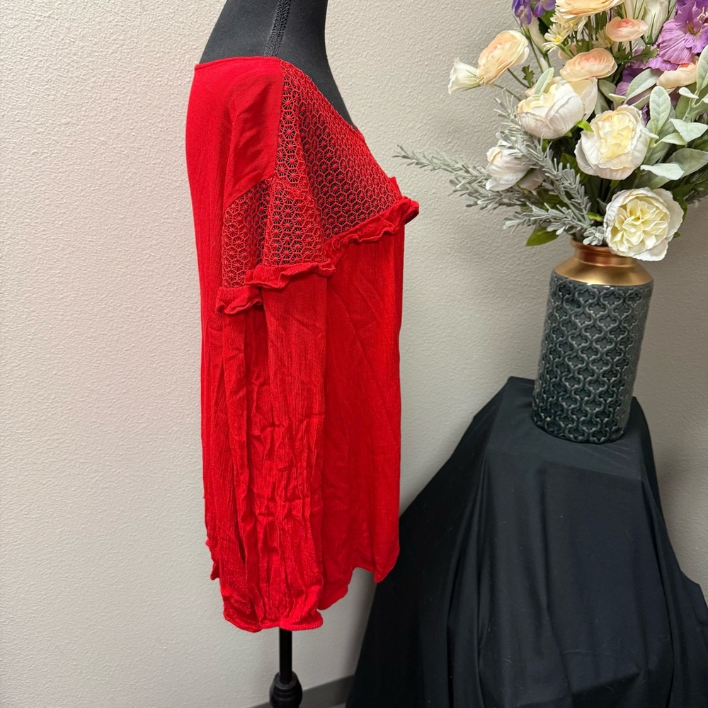 EST. 1946 Red Crochet Lace Ruffle Peasant Blouse 26/28W Romantic Boho Top - Picture 4 of 8